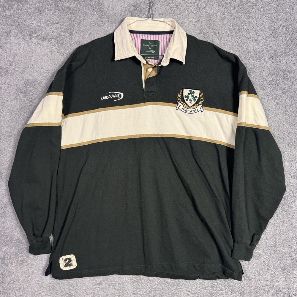 Lansdowne Rugby Shirt Mens 2XL XXL Ireland Quilted Shoulder Green Cream Polo